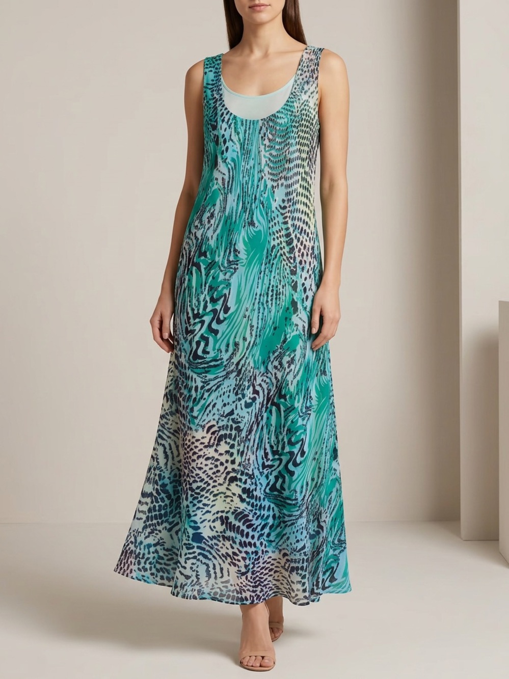 Sleeveless Teal Printed Maxi Dress